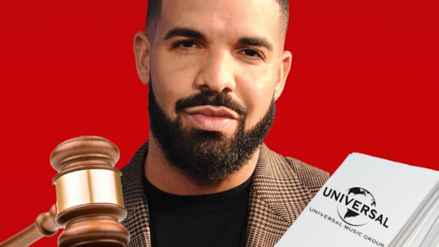 Montage photo avec Drake et des objets comme un maillet et un livre.