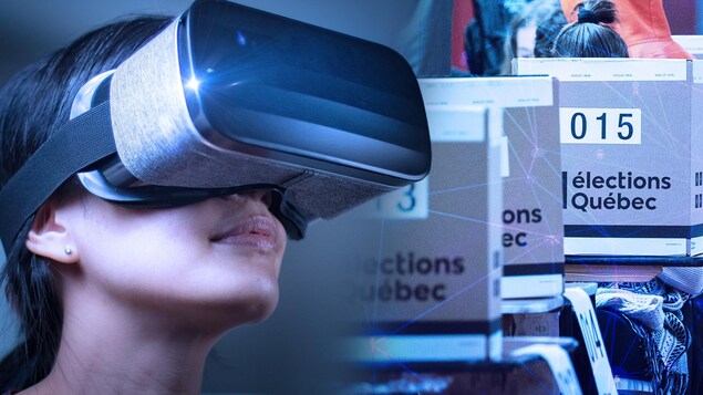 Une femme avec un casque de réalité virtuelle et des unes de vote d'Élections Québec.