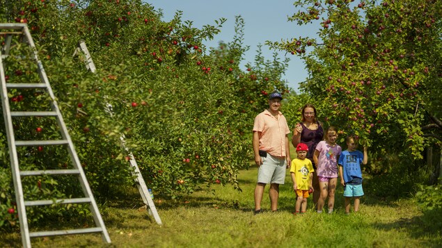 Une famille pose entre deux rangées de pommiers sur un verger.