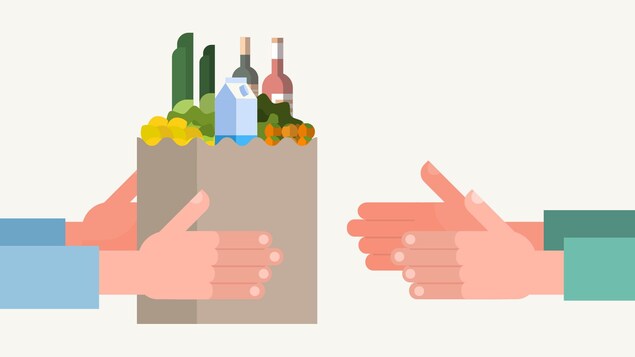 Illustration d'une personne qui tend un sac d'épicerie rempli à une autre personne.