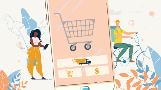Illustration d'une application d'épicerie en ligne sur un téléphone cellulaire. À la gauche du téléphone, une femme est en train de magasiner en ligne et à la droite, un livreur en bicyclette.