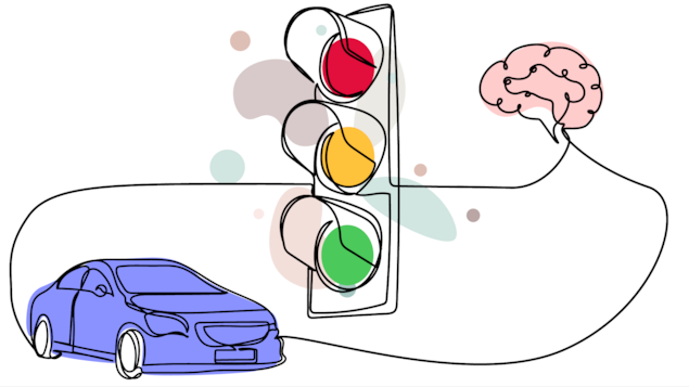 Illustration d'une voiture, d'un feux tricolore et d'un cerveau qui relie la voiture et le feux tricolore.