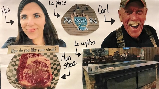 Images en collage de la visite au restaurant. On voit un steak, un homme qui s'appelle Carl, la Fureteuse fransaskoise Nicole Lavergne-Smith. Images en collage de la visite au restaurant. On voit un steak, un homme qui s'appelle Carl, la Fureteuse fransaskoise Nicole Lavergne-Smith.