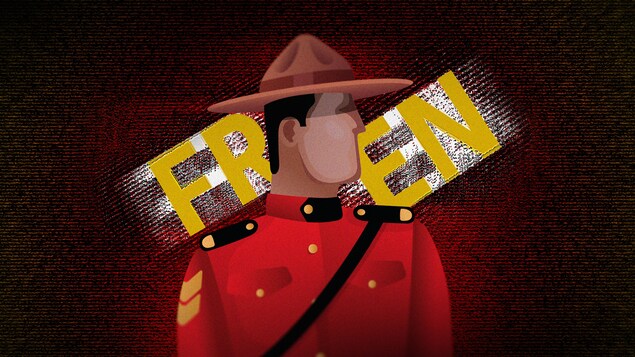 Une illustration d'un agent de la Gendarmerie royale du Canada. Son visage est tourné vers l'abréviation E N. De l'autre côté, l'abréviation F R.