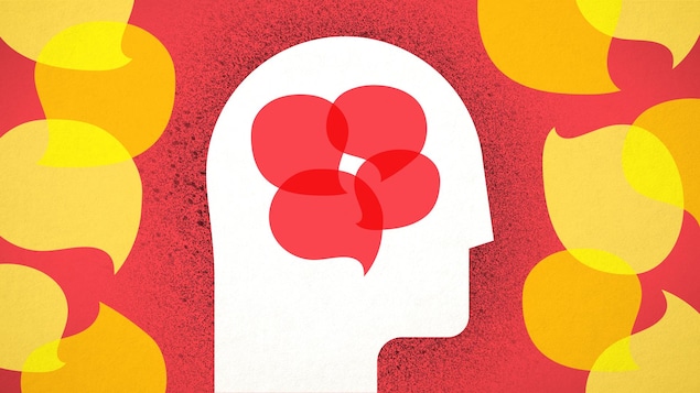 Illustration d'une tête qui contient des pensées tandis qu'autour de la tête se trouve un champ de négativité qui bloque des pensées externes.