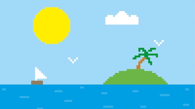 Illustration d'une île et d'un bateau dans un océan.