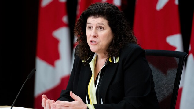 Une femme parle assise derrière une table en conférence de presse. En arrière-plan : des drapeaux du Canada.