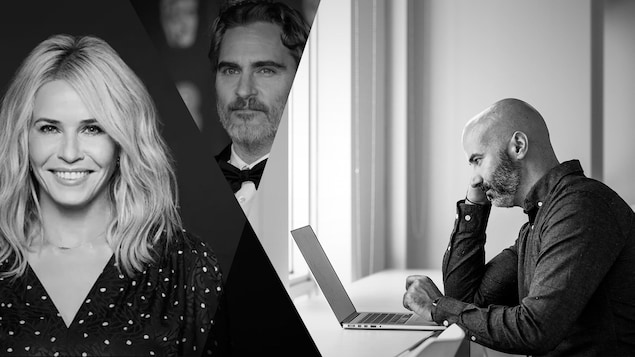 Gauche à droite: des images en noir et blanc de l'humoriste Chelsea Handler, Joaquin Phoenix et le journaliste Kevin Sweet.