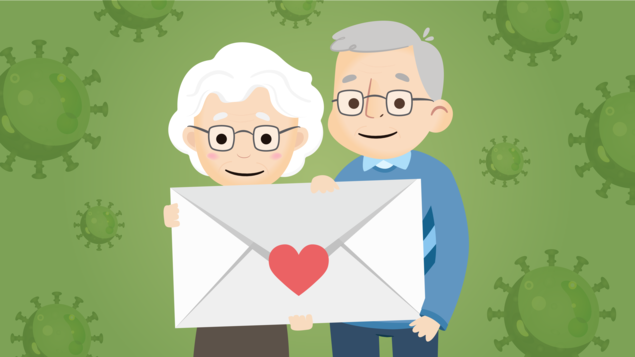 Une illustration d'un couple de grands-parents qui tiennent une enveloppe géante dans leurs mains devant un arrière-plan qui représente la COVID-19.