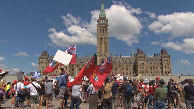 Des manifestants avec des drapeaux des provinces devant le parlement à Ottawa.