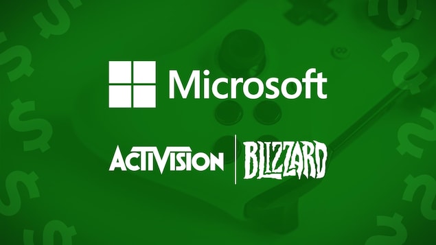 Montage photo des logos de Microsoft et Activision-Blizzard ainsi qu'une manette de jeux.