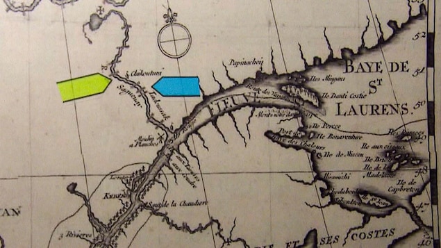 Carte ancienne où on aperçoit le fleuve Saint-Laurent, la rivière Saguenay et le nom de Chicoutimi. Carte ancienne où on aperçoit le fleuve Saint-Laurent, la rivière Saguenay et le nom de Chicoutimi.