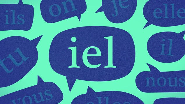 Illustration du mot « iel » dans un bulle entouré d'autres bulles contenant d'autres pronoms.
