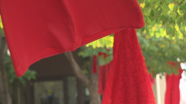 Des robes rouges accrochées à des arbres flottent dans le vent.
