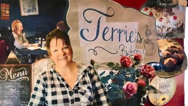 Images de la visite au resturant Terrie's Bistro. Une image de Terrie, de gâteau, de muffins et du menu. Images de la visite au resturant Terrie's Bistro. Une image de Terrie, de gâteau, de muffins et du menu.