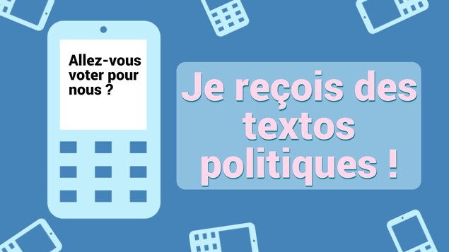 Un graphique de cellulaire avec la phrase : " Allez-vous voter pour nous ? " et un encadré avec le texte : " Je reçois des textos politiques! " le tout sur fond bleu.