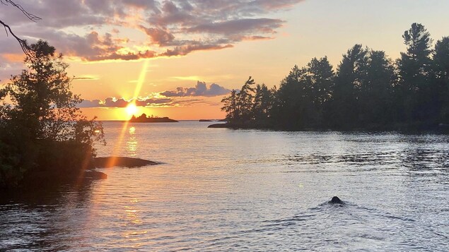 Une petite île au loin sur le lac Nipissing lors du couché de soleil.