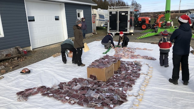 Des paquets de viande congelée sur une grosse toile à l'extérieur.
