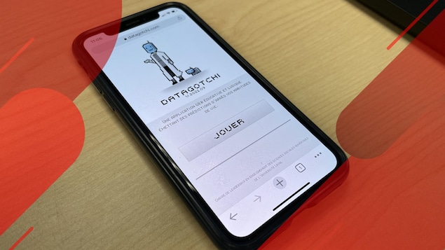 Un téléphone intelligent sur lequel apparaît l'appli Datagotchi.