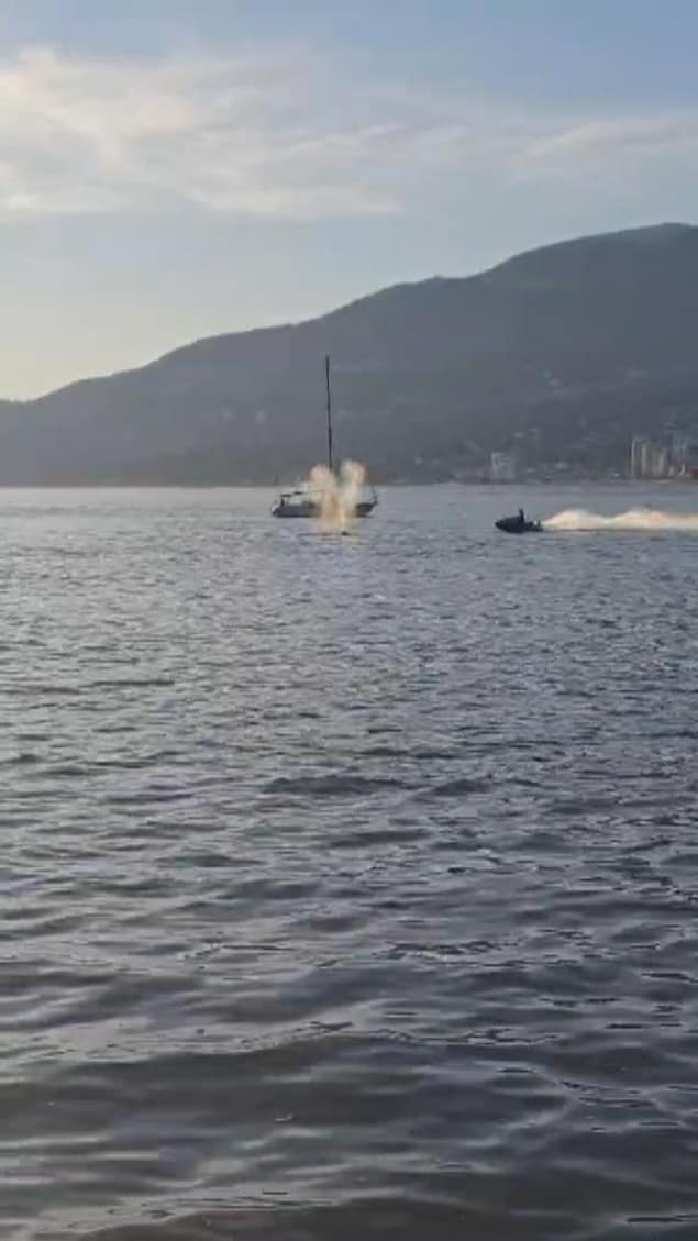 Une baleine dans l'eau et la motomarine qui s'approche.