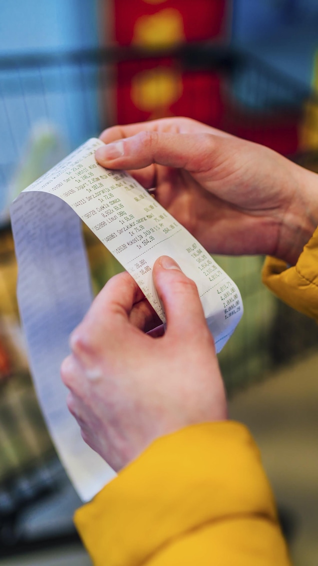 Une personne vérifie sa facture d'épicerie.