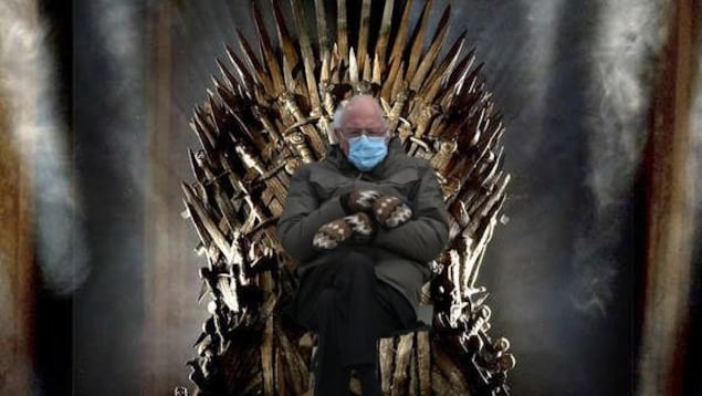 Montage visuel de Bernie Sanders assis sur le Trône de fer de la série « Game of Thrones ».