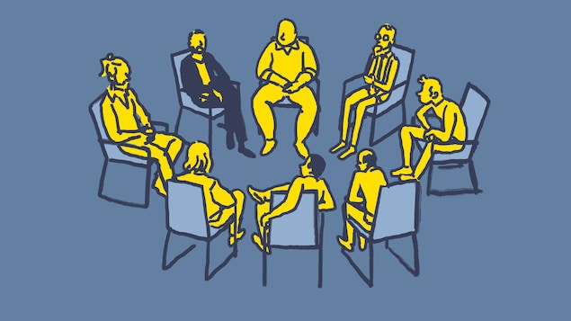 En dessin : des personnes assises sur des chaises disposées en cercle.