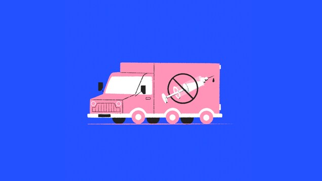 Une illustration d'un camion se trouve au centre de l'image. Sur le camion, on trouve une image de vaccin avec un symbole d'interdiction dessus.