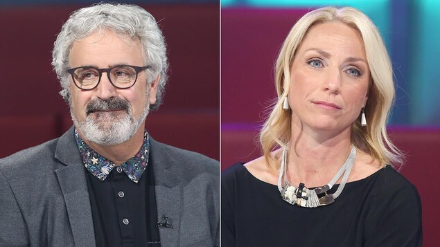 Le montage de deux photos : à gauche, un homme qui porte un veston gris et à droite, une femme qui porte une robe noire.