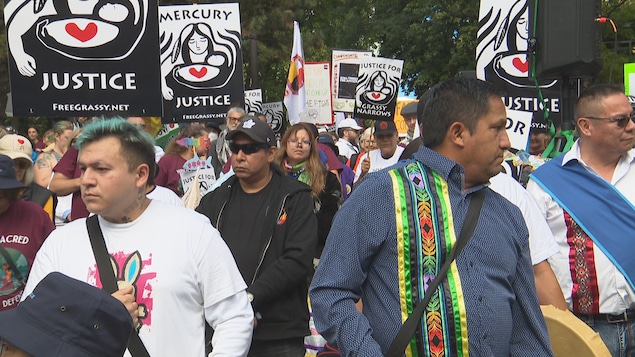 Une foule de manifestants défile en brandissant des pancartes réclamant justice pour Grassy Narrows et dénonçant la contamination au mercure. Au premier plan, plusieurs hommes portent des vêtements ornés de motifs autochtones colorés.