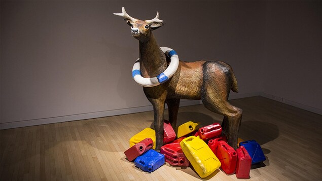 Un chevreuil avec des bidons jaune, rouge et bleu autour de lui.