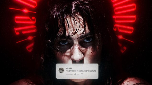 Une femme, entourée d'un halo de néons rouges, la bouche barrée par une capture de message violent sur Twitter.