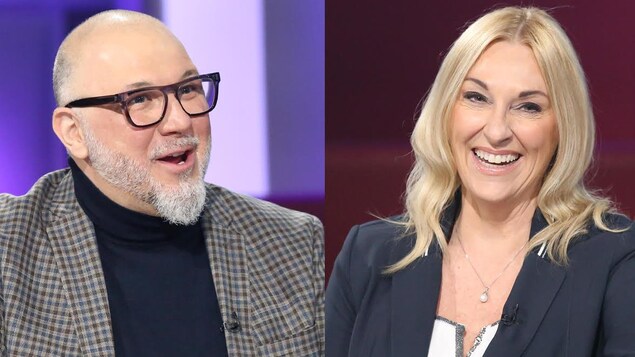 Le montage de deux photos pour n'en faire qu'une : Jean-Charles Lajoie porte un chandail à col roulé et un veston à petits carreaux. Chantal Machabée porte un chemisier et un veston.