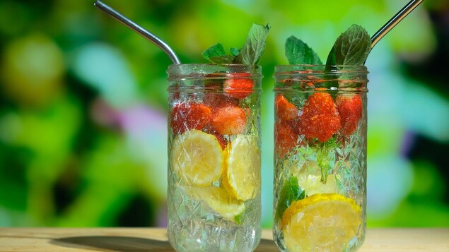 Deux verres de seltzer servis avec des fruits frais.
