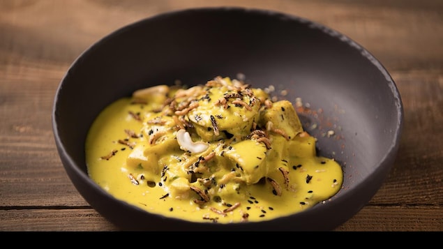 Un bol creux en terre cuite noir, rempli d'un curry de légumes, espuma de pomme de terre au safran et coco, cake aux pois chiches. Un bol creux en terre cuite noir, rempli d'un curry de légumes, espuma de pomme de terre au safran et coco, cake aux pois chiches.