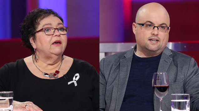 Louise Riendeau porte une robe noire et Simon Lapierre porte un chandail bleu et un veston gris.