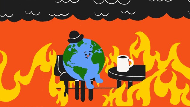 Illustration d'une planète anthropomorphique qui porte un chapeau. Elle est assise à une table avec un café. Tout autour d'elle, il y a des flammes. Pastiche du mème du chien qui dit "This is fine". 