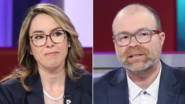 Un montage de deux photos : à gauche, une femme aux cheveux blonds qui porte une blouse blanche et un veston bleu. À droite, un homme qui porte une chemise blanche et un veston bleu.