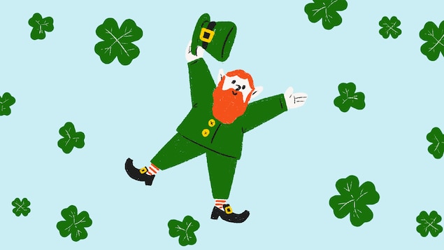 Illustration d'un leprechaun qui sourit. Il tient son chapeau dans une main. Des illustrations de trèfles sont tout autour de lui.