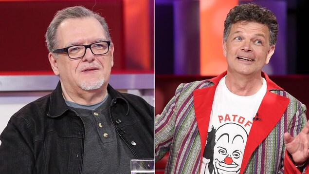 Un montage de deux photos : sur la première, un homme qui porte un chandail gris et une veste en jean noir. Sur la deuxième, un homme qui porte un t-shirt à l'effigie de Patof et un veston coloré.