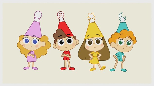 Des personnages de dessins animés souriants avec de grands yeux et des chapeaux.