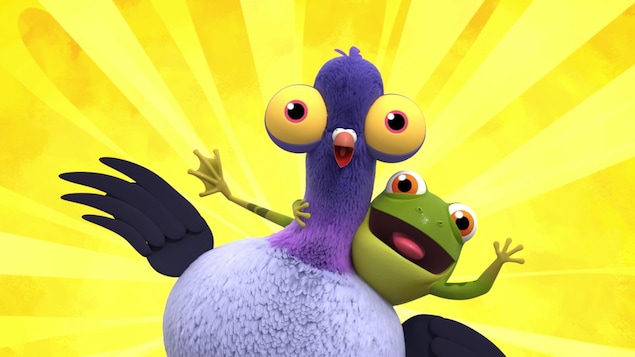 Un pigeon et une grenouille verte font des grimaces.