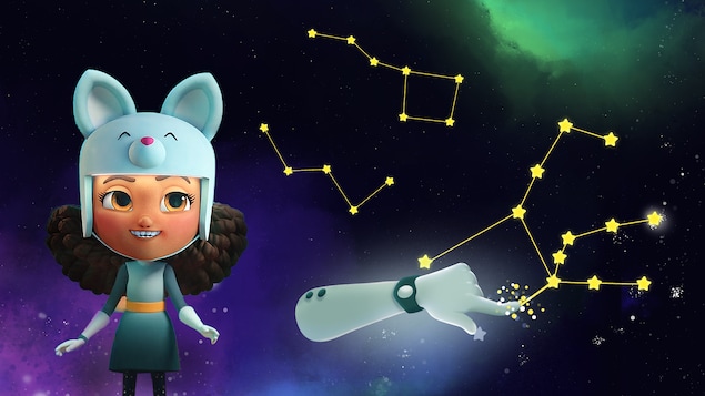 La petite fille porte un casque et on voit la galaxie 