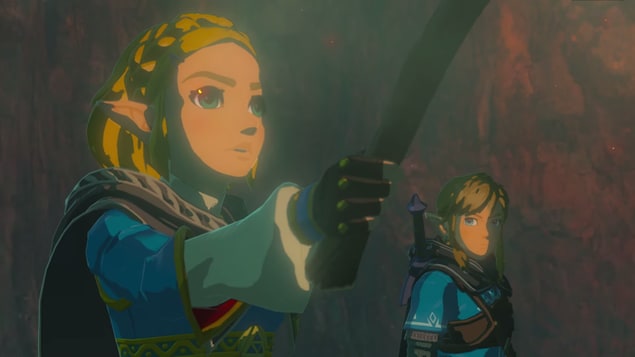 Capture de jeu montrant la Princesse Zelda et Link dans une grotte.