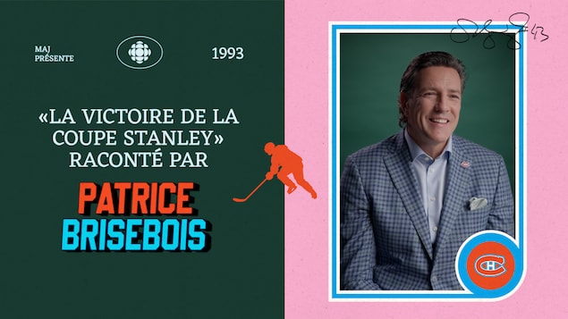 Patrice Brisebois sourit dans un cadre à côté de sa signature, le logo du Canadien et le bouton "Jouer".