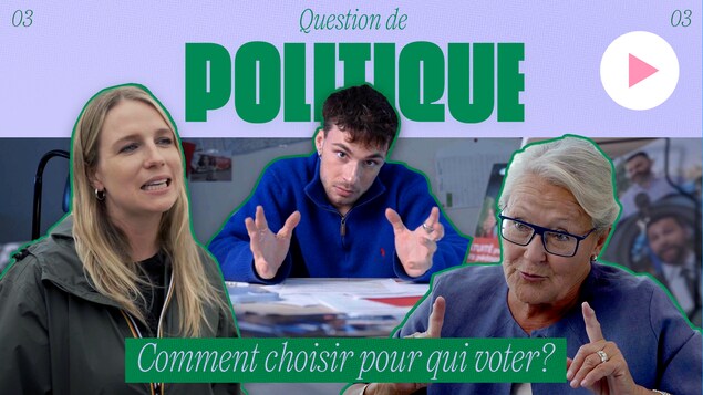 Tom-Éliot a l'air exaspéré à côté de deux textes : Question de politique, et comment choisir pour qui voter, ainsi que les visages de Pauline Marois et Jacaudrey Charbonneau.