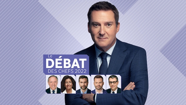 Le débat des chefs 2022. Patrice Roy, François Legault, Dominique Anglade, Gabriel Nadeau-Dubois, Paul St-Pierre Plamondon, Éric Duhaime.