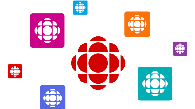 Illustration du symbole de Radio‑Canada au centre avec autour plusieurs pastilles de logo représentant les différentes marques