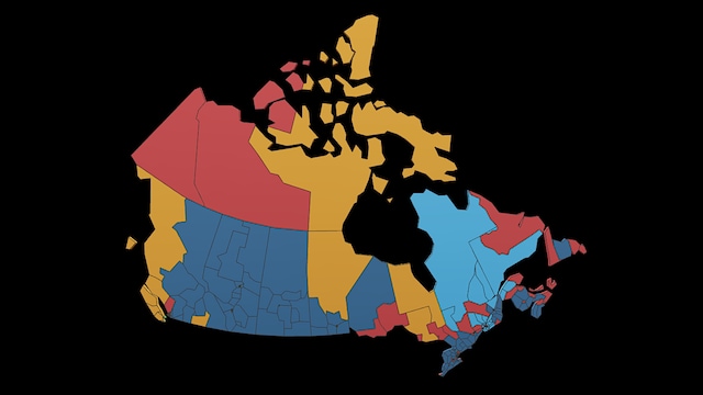 Illustration de la carte du Canada représentant les résultats obtenus dans chacune des circonscriptions du pays