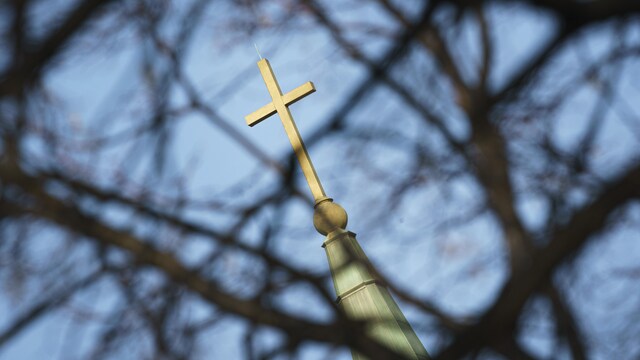 Une croix d'une église vue à travers des branches d'arbres.